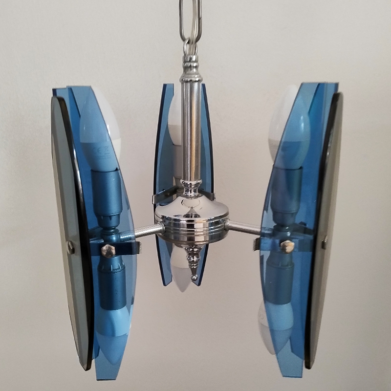 1970s Gorgeous Blue and Smoked Glass Pendant Lamp by Veca. Made in Italy