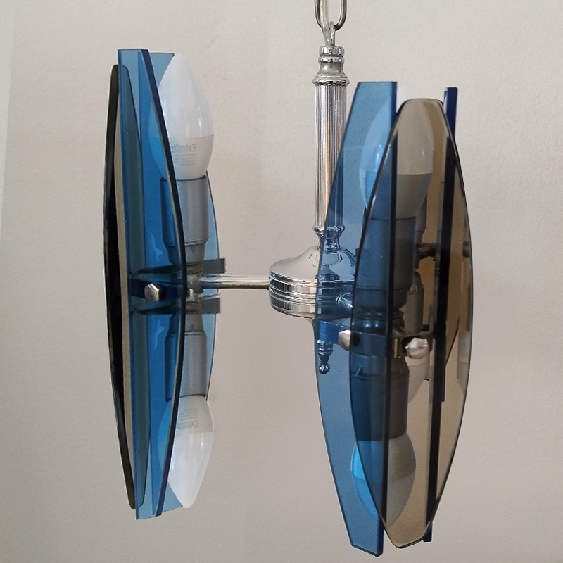 1970s Gorgeous Blue and Smoked Glass Pendant Lamp by Veca. Made in Italy