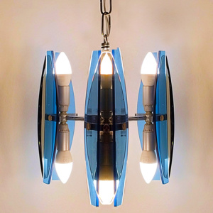 1970s Gorgeous Blue and Smoked Glass Pendant Lamp by Veca. Made in Italy