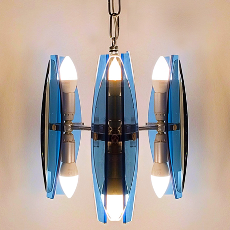 1970s Gorgeous Blue and Smoked Glass Pendant Lamp by Veca. Made in Italy