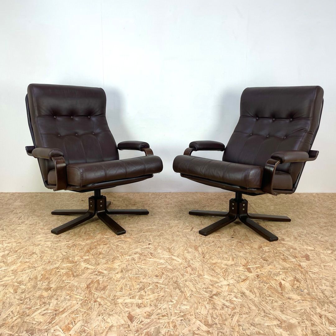 Mid Century Leather Swivel Chairs By Kebe