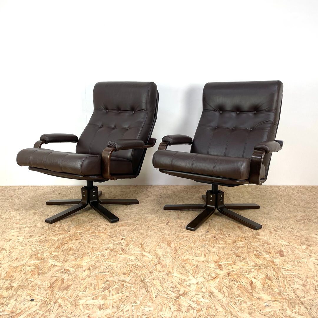 Mid Century Leather Swivel Chairs By Kebe
