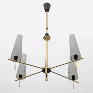 Stilnovo Style Mid-century Modern Italian Brass and Opaline Glass Chandelier 60s