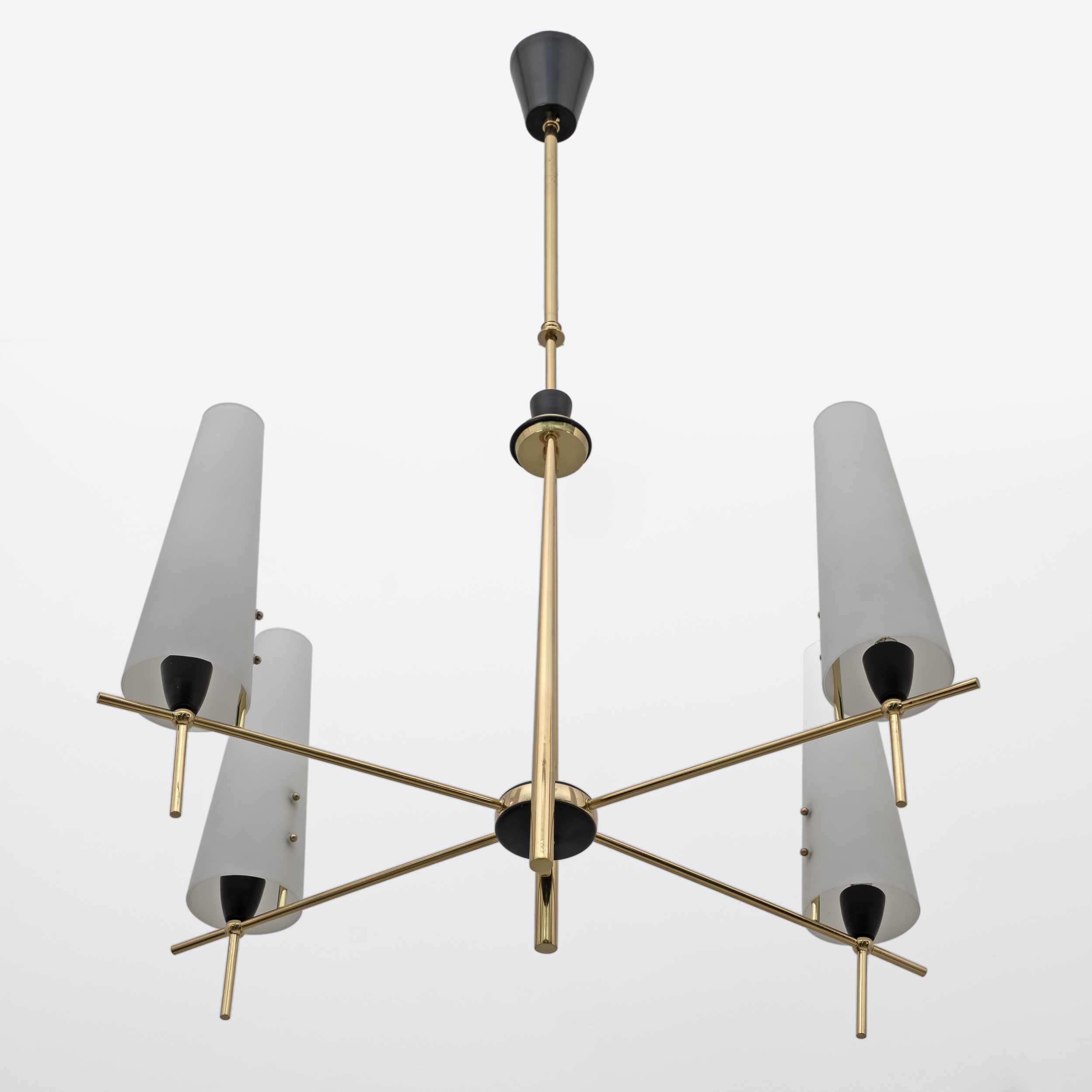 Stilnovo Style Mid-century Modern Italian Brass and Opaline Glass Chandelier 60s