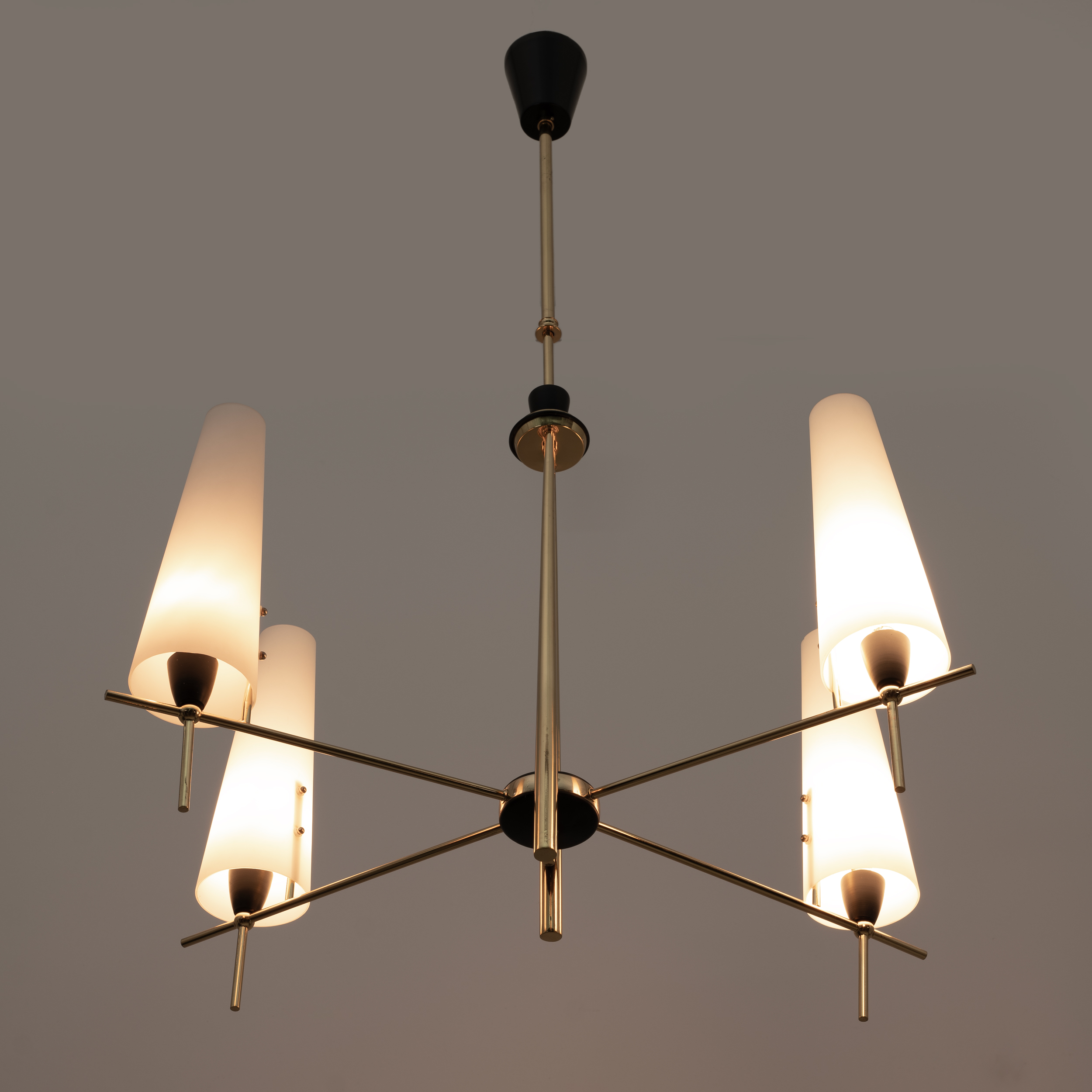Stilnovo Style Mid-century Modern Italian Brass and Opaline Glass Chandelier 60s
