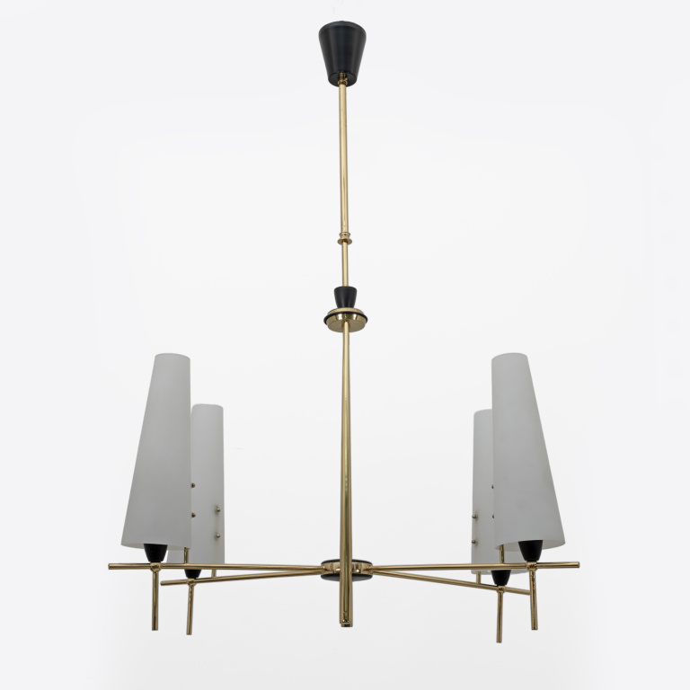 Stilnovo Style Mid-century Modern Italian Brass and Opaline Glass Chandelier 60s - Image 3