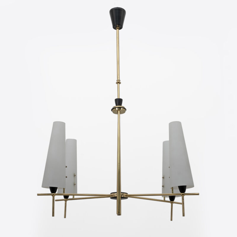 Stilnovo Style Mid-century Modern Italian Brass and Opaline Glass Chandelier 60s