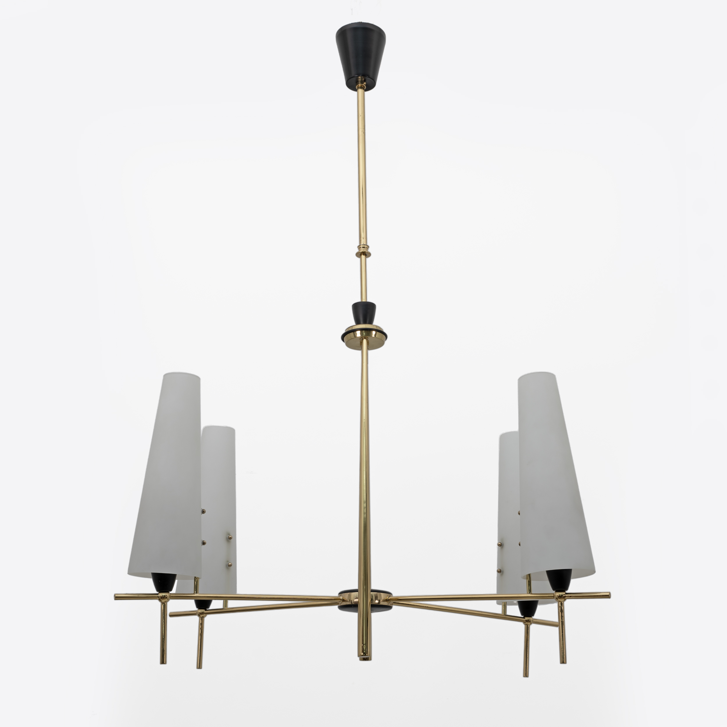 Stilnovo Style Mid-century Modern Italian Brass and Opaline Glass Chandelier 60s