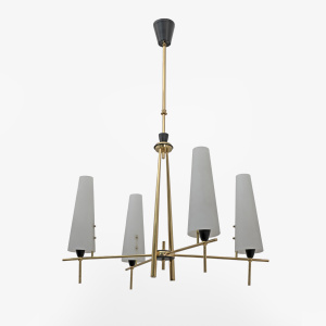 Stilnovo Style Mid-century Modern Italian Brass and Opaline Glass Chandelier 60s