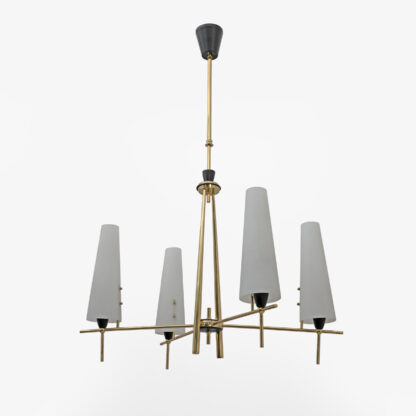 Stilnovo Style Mid-century Modern Italian Brass and Opaline Glass Chandelier 60s - Image 4