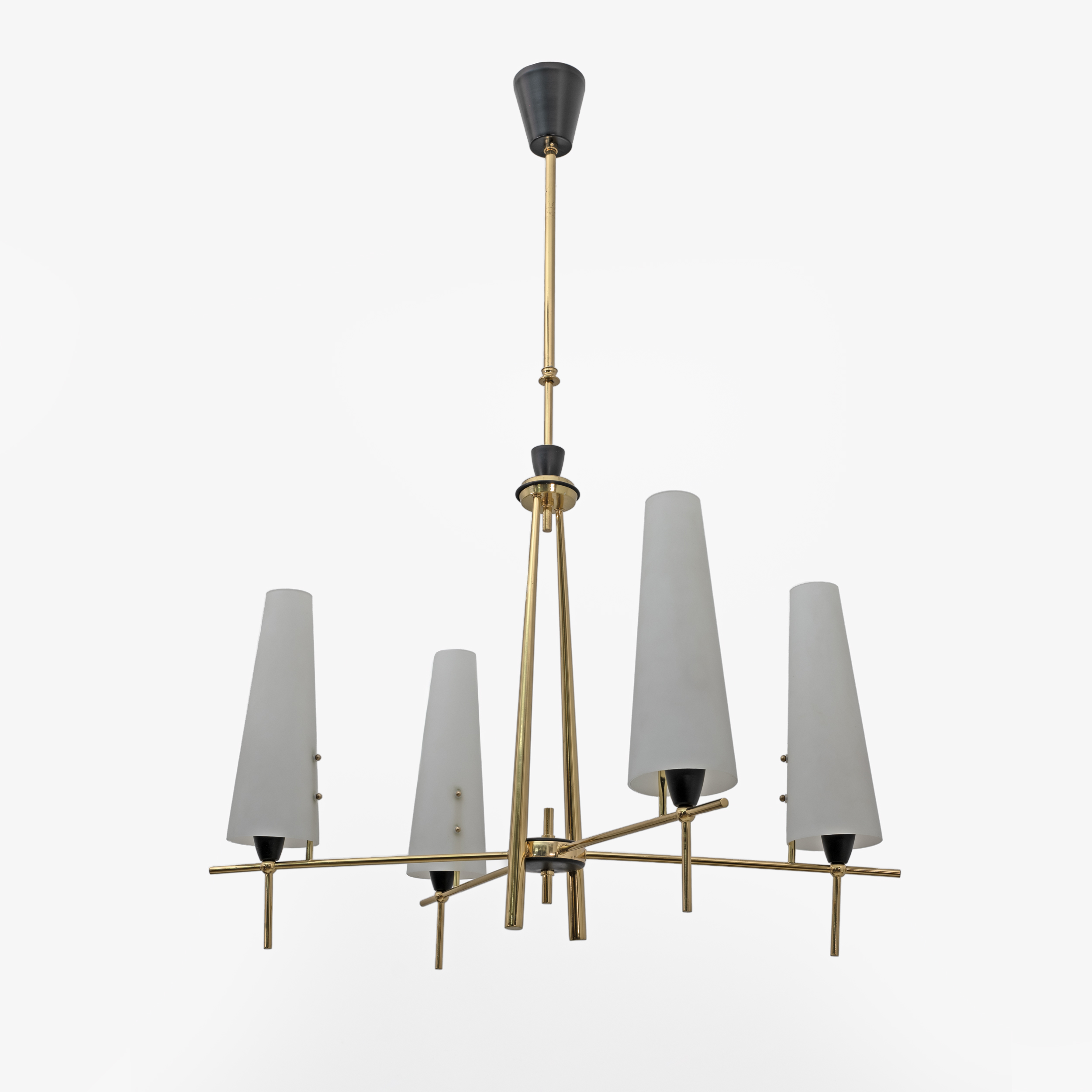 Stilnovo Style Mid-century Modern Italian Brass and Opaline Glass Chandelier 60s