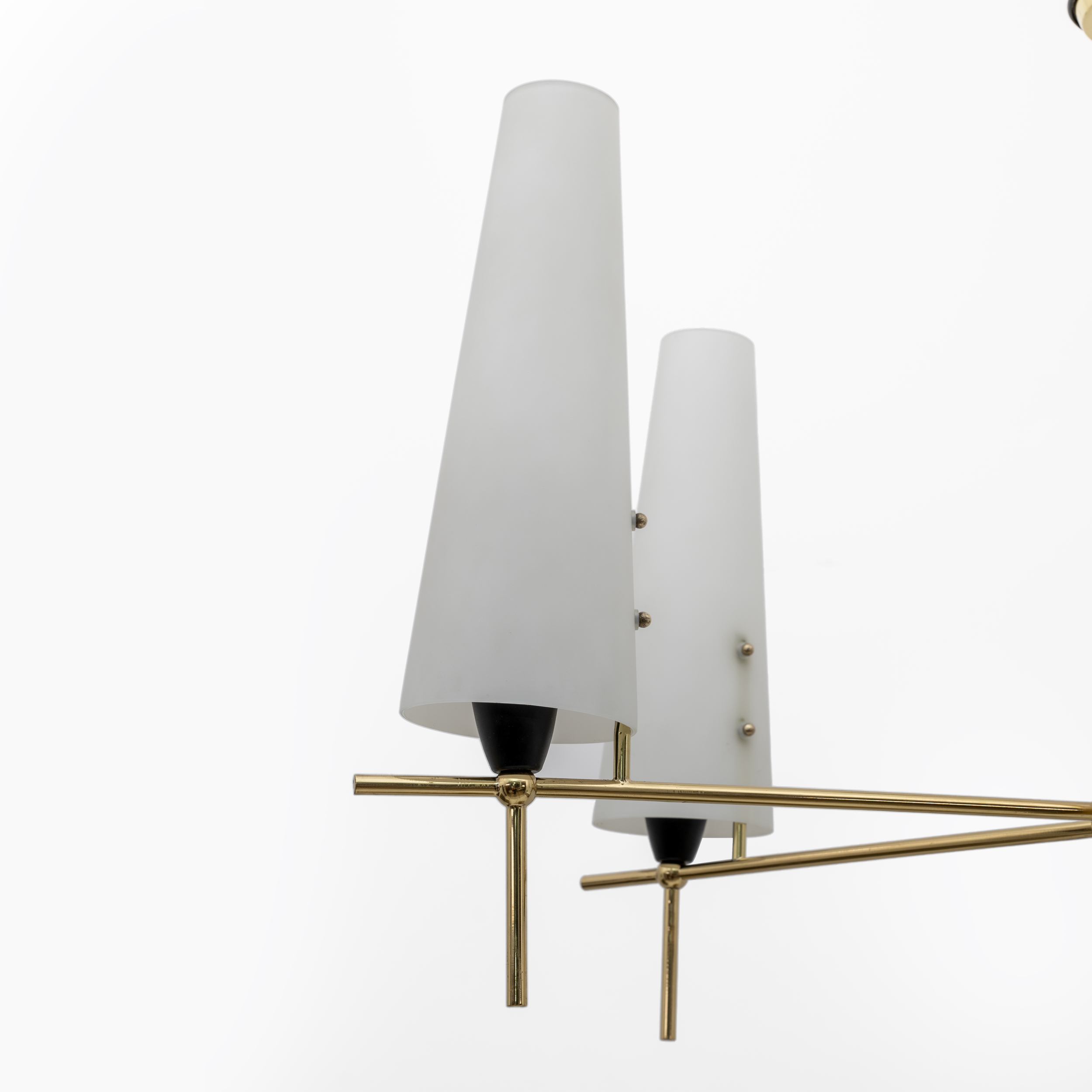 Stilnovo Style Mid-century Modern Italian Brass and Opaline Glass Chandelier 60s