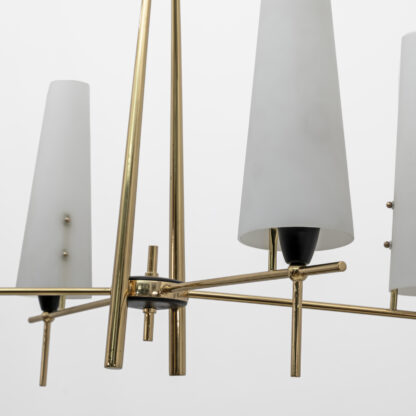 Stilnovo Style Mid-century Modern Italian Brass and Opaline Glass Chandelier 60s - Image 7