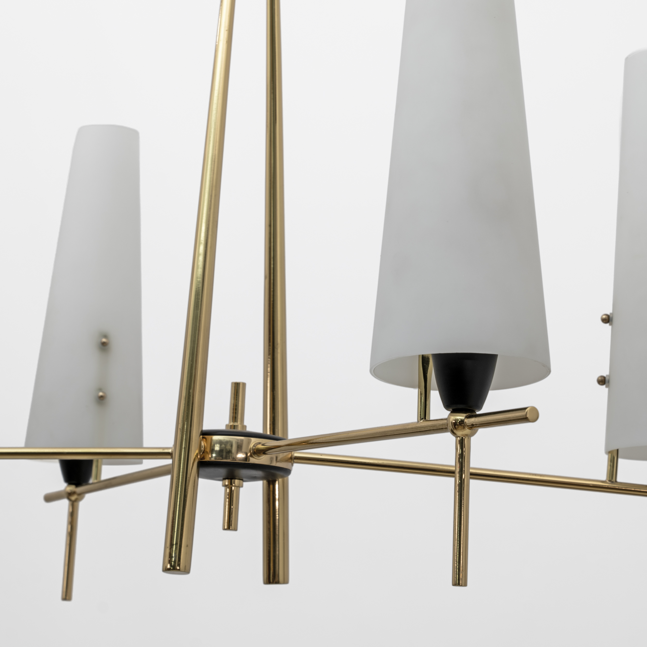 Stilnovo Style Mid-century Modern Italian Brass and Opaline Glass Chandelier 60s