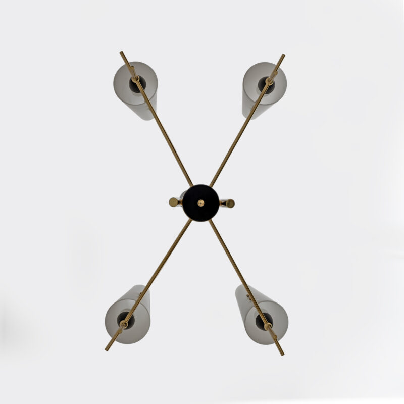 Stilnovo Style Mid-century Modern Italian Brass and Opaline Glass Chandelier 60s