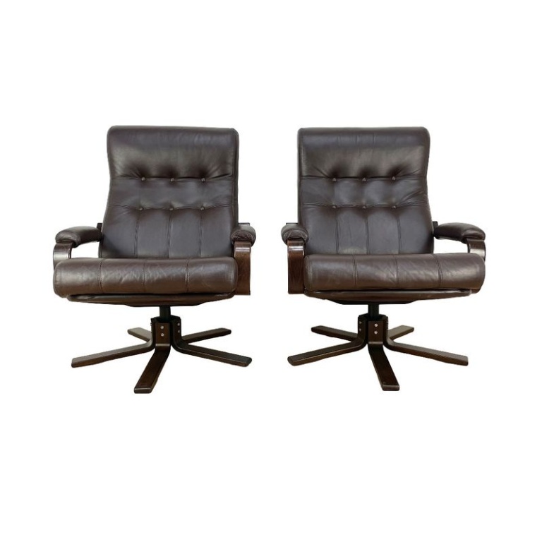 Mid Century Leather Swivel Chairs By Kebe