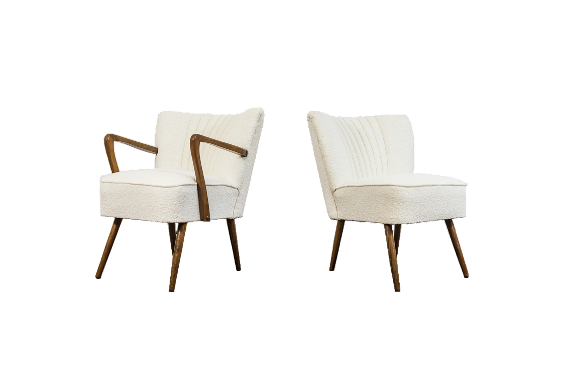 Pair Of White Cream Boucle Cocktail Chairs, 1950s