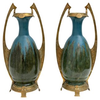 Pair of Art Nouveau Jugendstil Bronze and Ceramic Vases Otto Eckman Style, 1900s