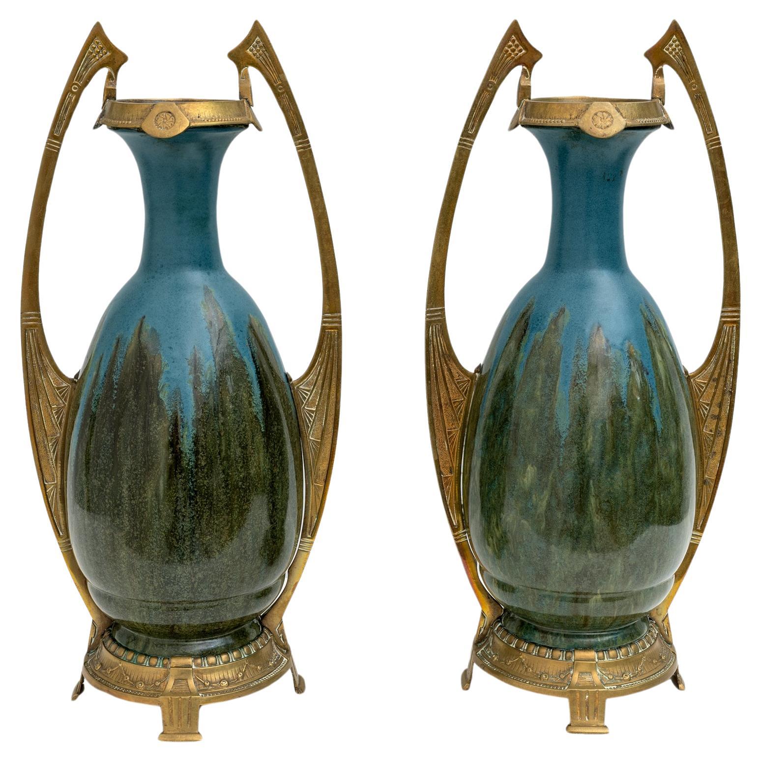 Pair of Art Nouveau Jugendstil Bronze and Ceramic Vases Otto Eckman Style, 1900s