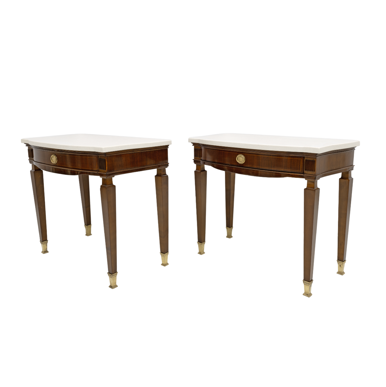 Pair of Neoclassical Style Marble and Mahogany Bedside Tables