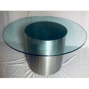 Vintage American Steel Drum Glass Circular Dining Table Brueton Style, 1970s