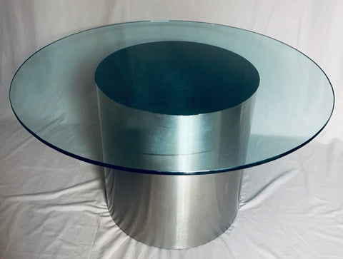 Vintage American Steel Drum Glass Circular Dining Table Brueton Style, 1970s