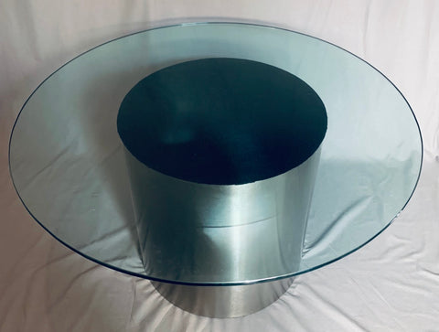 Vintage American Steel Drum Glass Circular Dining Table Brueton Style, 1970s