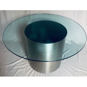 Vintage American Steel Drum Glass Circular Dining Table Brueton Style, 1970s