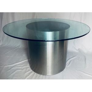 Vintage American Steel Drum Glass Circular Dining Table Brueton Style, 1970s