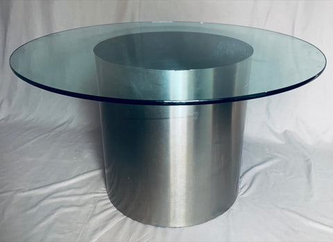 Vintage American Steel Drum Glass Circular Dining Table Brueton Style, 1970s