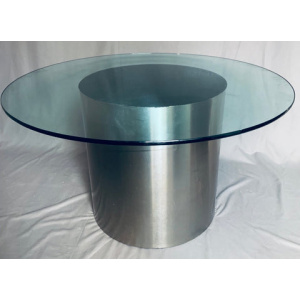 Vintage American Steel Drum Glass Circular Dining Table Brueton Style, 1970s