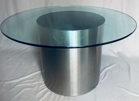 Vintage American Steel Drum Glass Circular Dining Table Brueton Style, 1970s