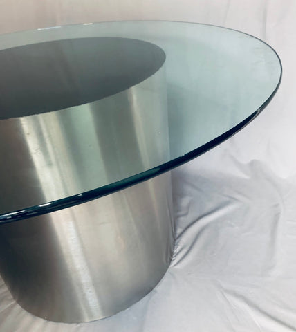 Vintage American Steel Drum Glass Circular Dining Table Brueton Style, 1970s