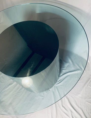 Vintage American Steel Drum Glass Circular Dining Table Brueton Style, 1970s