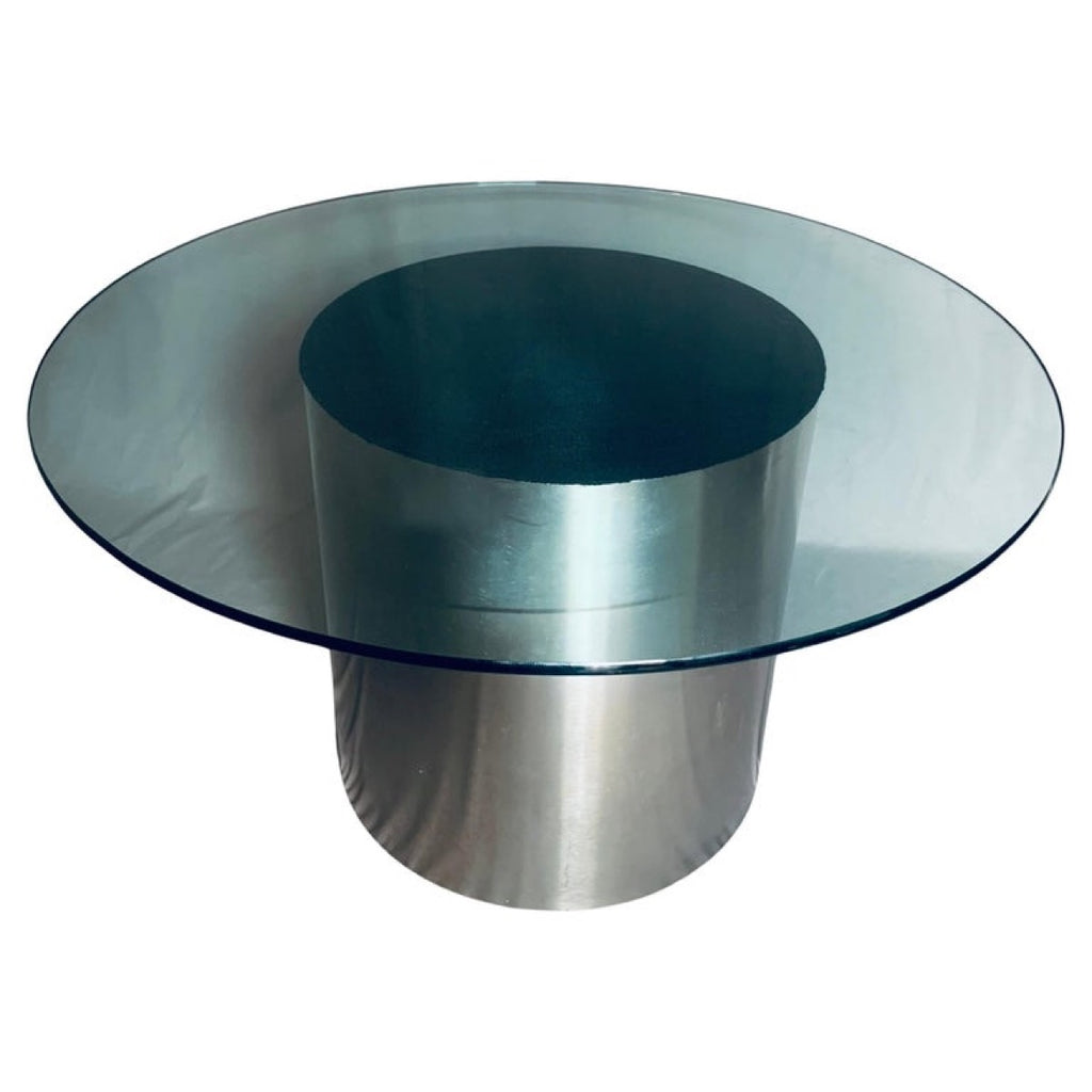 Vintage American Steel Drum Glass Circular Dining Table Brueton Style, 1970s