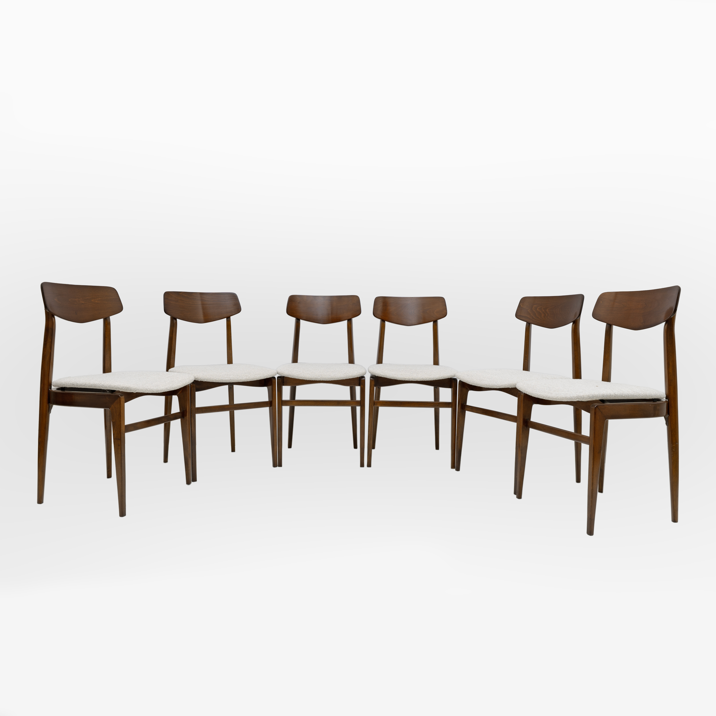 Set of Six Walnut-Stained Beech and Bouclè Fabric Dining Chairs, Denmark, 1960s
