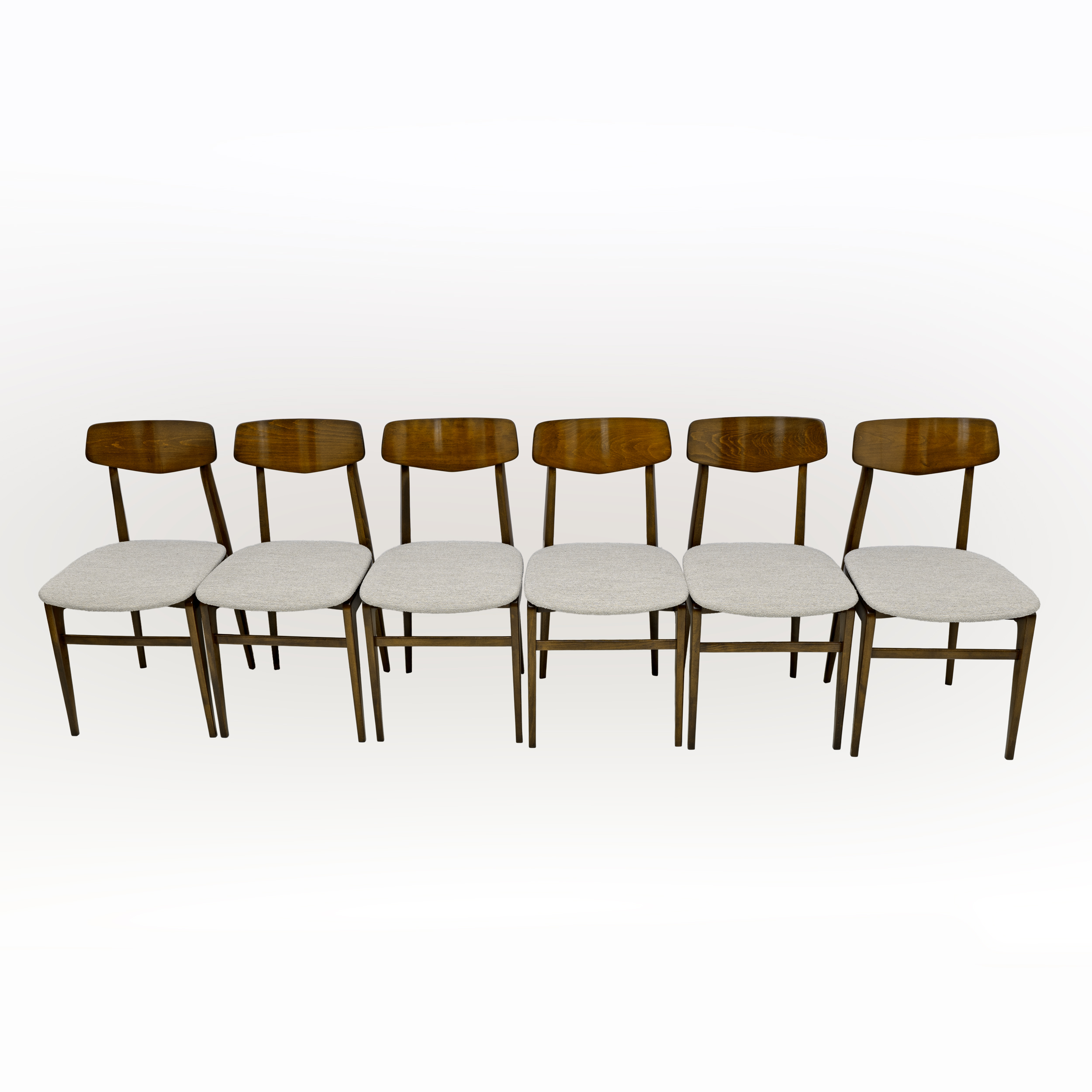 Set of Six Walnut-Stained Beech and Bouclè Fabric Dining Chairs, Denmark, 1960s