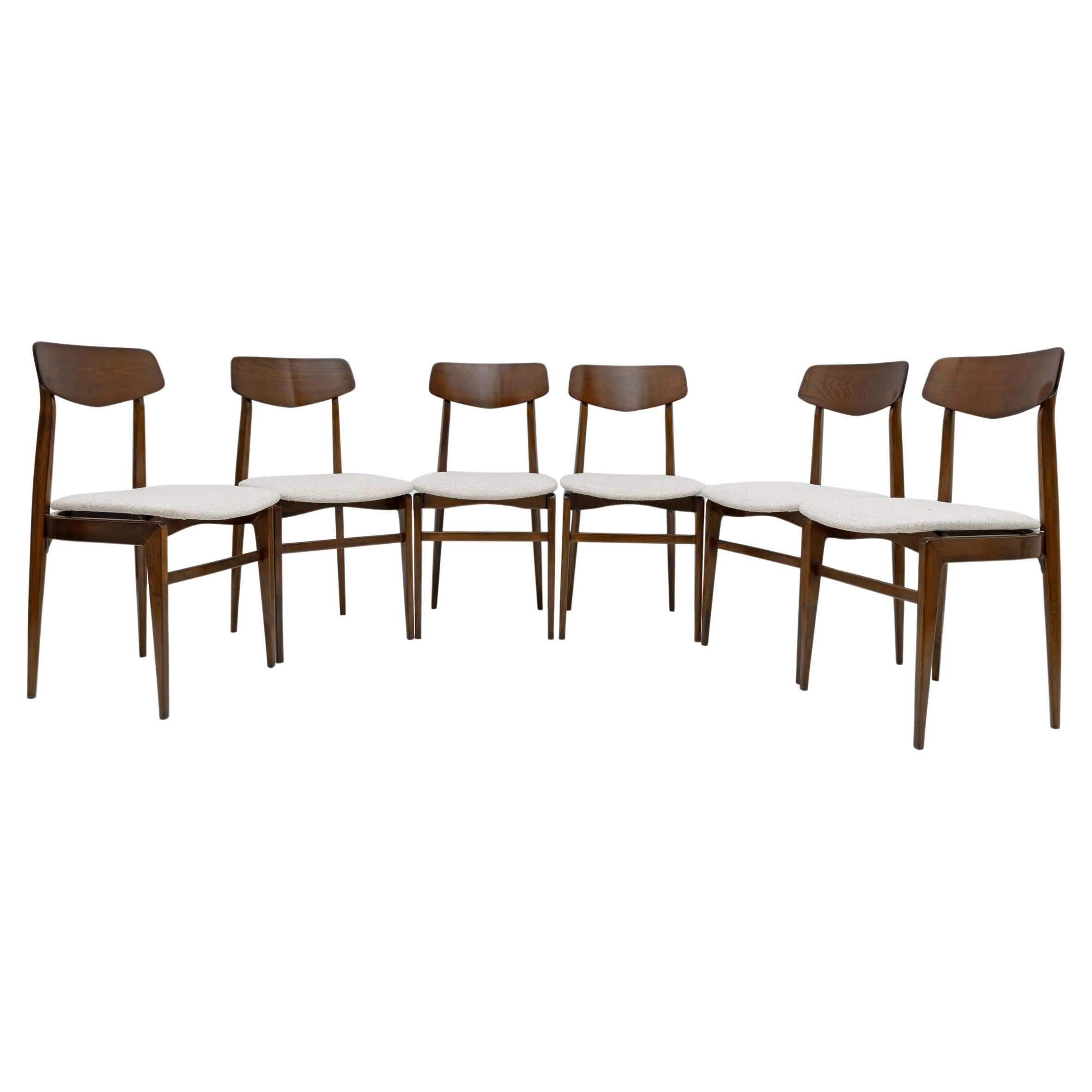 Set of Six Walnut-Stained Beech and Bouclè Fabric Dining Chairs, Denmark, 1960s