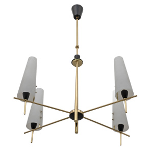 Stilnovo Style Mid-century Modern Italian Brass and Opaline Glass Chandelier 60s