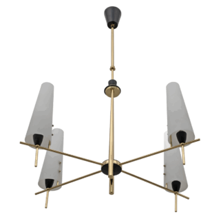 Stilnovo Style Mid-century Modern Italian Brass and Opaline Glass Chandelier 60s