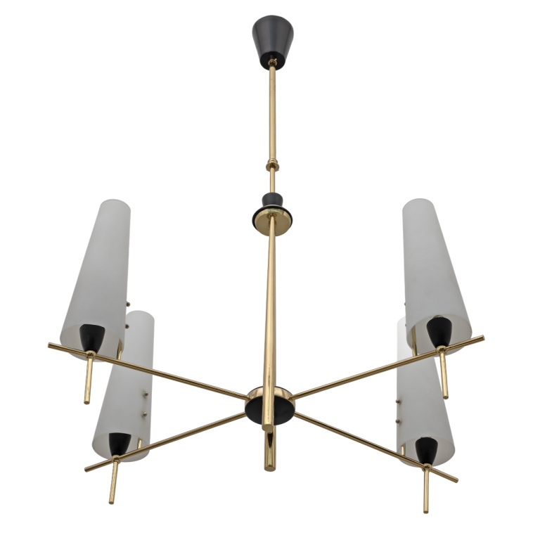 Stilnovo Style Mid-century Modern Italian Brass and Opaline Glass Chandelier 60s