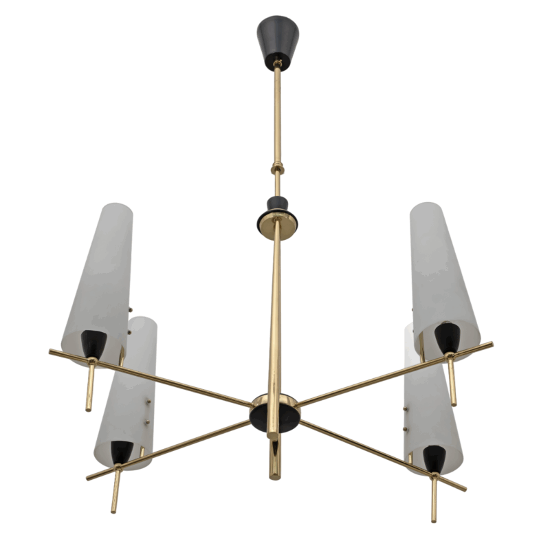 Stilnovo Style Mid-century Modern Italian Brass and Opaline Glass Chandelier 60s