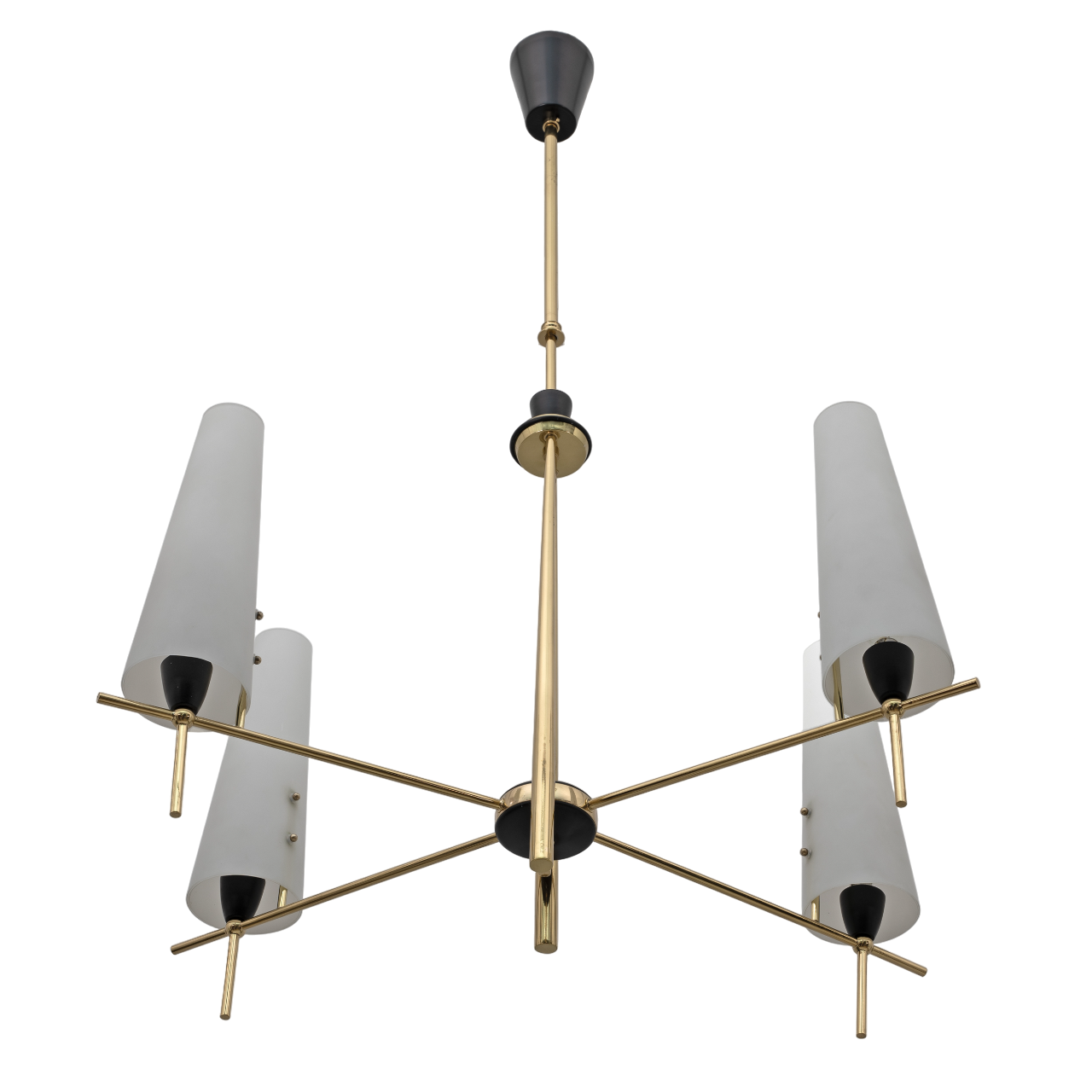 Stilnovo Style Mid-century Modern Italian Brass and Opaline Glass Chandelier 60s