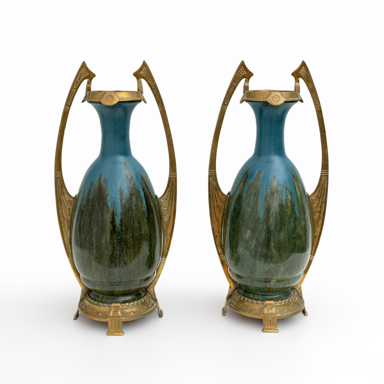 Pair of Art Nouveau Jugendstil Bronze and Ceramic Vases Otto Eckman Style, 1900s - Image 2
