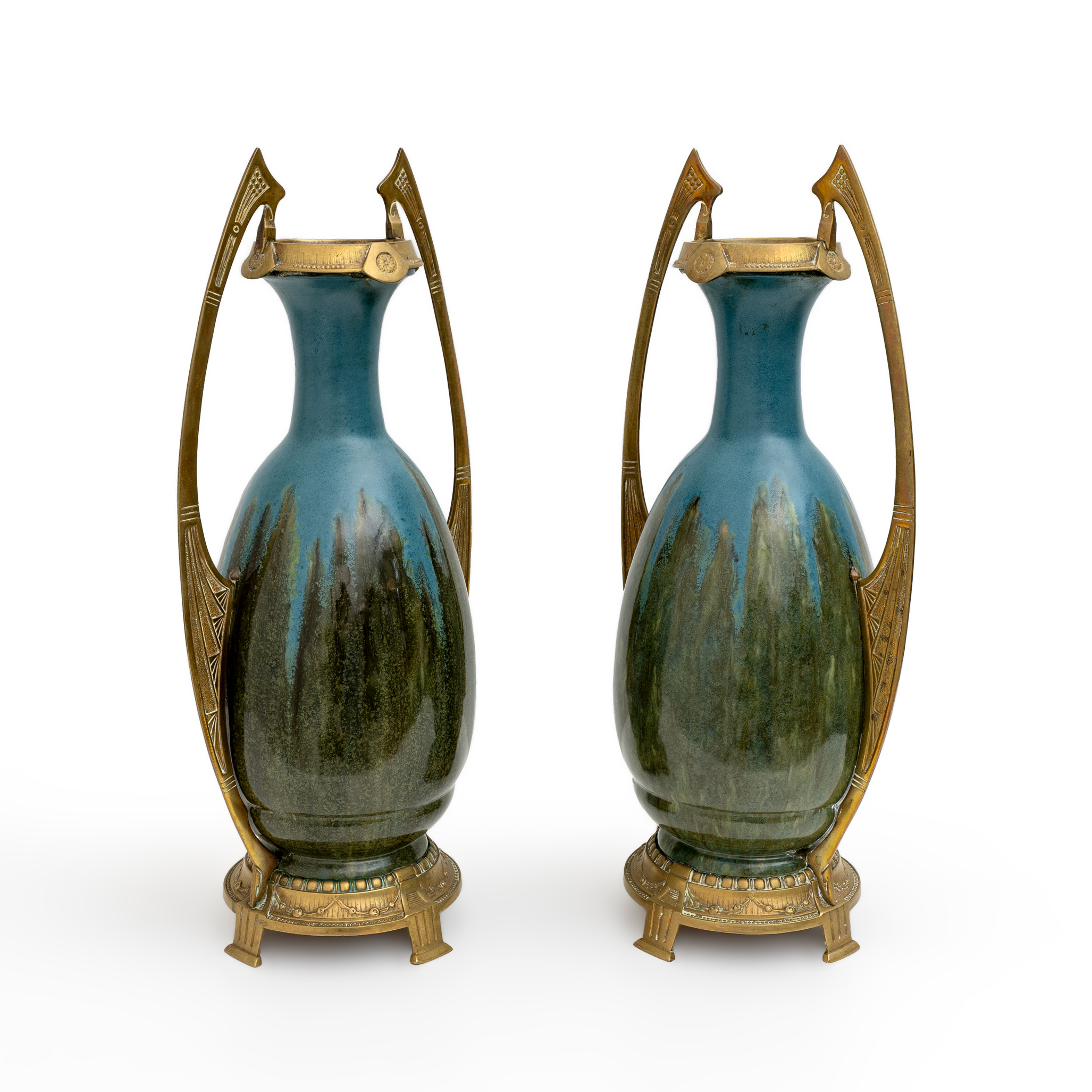 Pair of Art Nouveau Jugendstil Bronze and Ceramic Vases Otto Eckman Style, 1900s