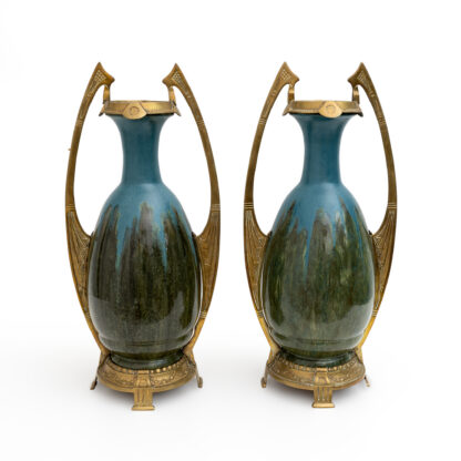 Pair of Art Nouveau Jugendstil Bronze and Ceramic Vases Otto Eckman Style, 1900s - Image 5