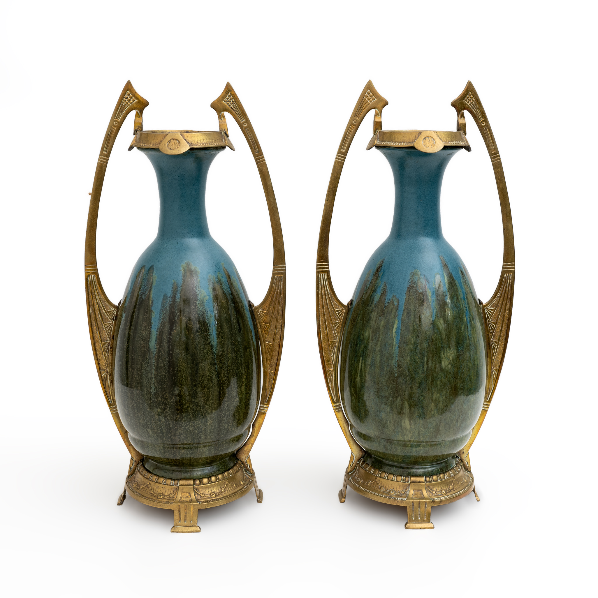 Pair of Art Nouveau Jugendstil Bronze and Ceramic Vases Otto Eckman Style, 1900s