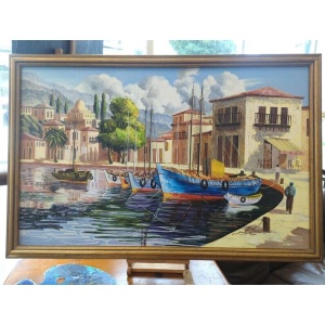 1970s Large Scale Oil on Canvas Harbour Scene Painting. Antique/Vintage/Art