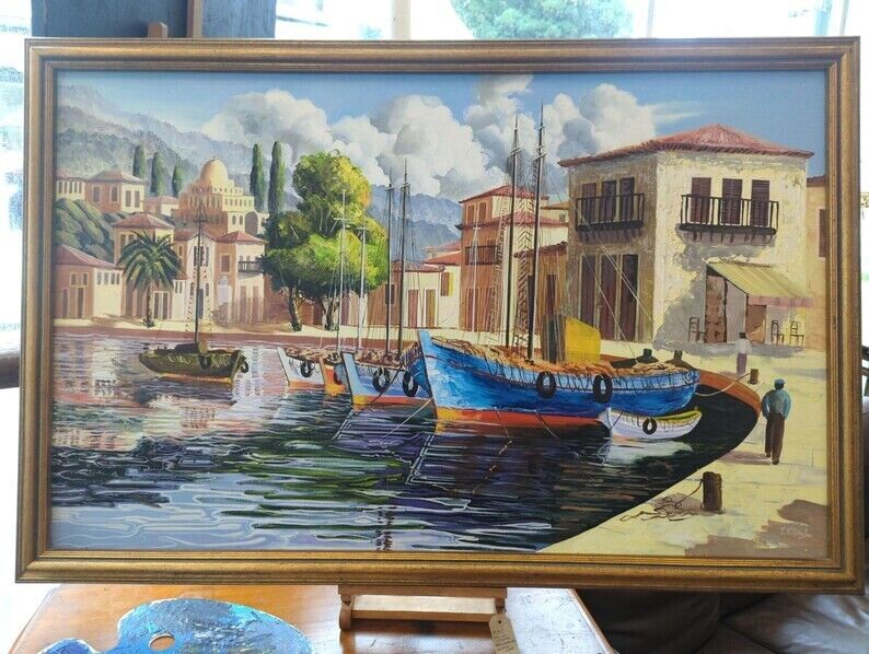 1970s Large Scale Oil on Canvas Harbour Scene Painting. Antique/Vintage/Art