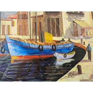1970s Large Scale Oil on Canvas Harbour Scene Painting. Antique/Vintage/Art